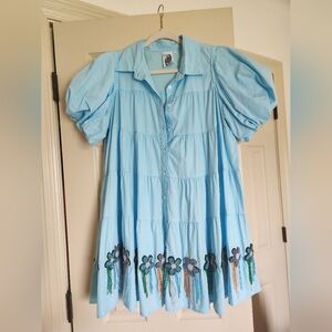 QUEEN OF SPARKLES | size MD, Light Blue Puff Sleeve Dress with Floral Embroidery